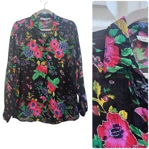 Vintage Details Flaw Semi Sheer Rayon MultiColor Print Artsy Button Blouse Small